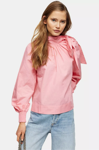 Topshop + Pink Poplin Pussybow Blouse