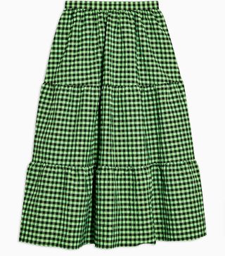 Topshop + Lime Green Gingham Check Tiered Midi Skirt