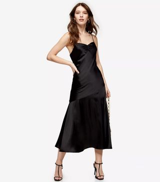 Topshop + Black Ruched Bias Satin Slip Dress