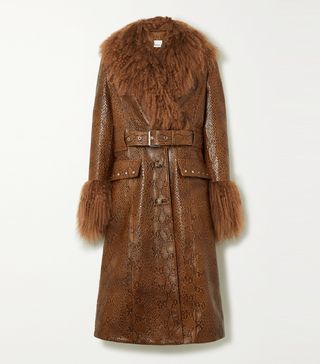 Burberry + Wetherby Belted Shearling-Trimmed Snake-Effect Leather Coat