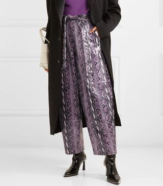 Sally LaPointe + Glossed Snake-Effect Leather Wide-Leg Pants