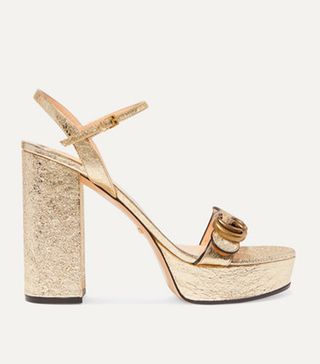 Gucci + Marmont Logo-Embellished Metallic Cracked-Leather Platform Sandals