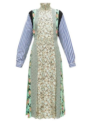 Prada + Sable Patchwork-Print Pleated Crepe Dress