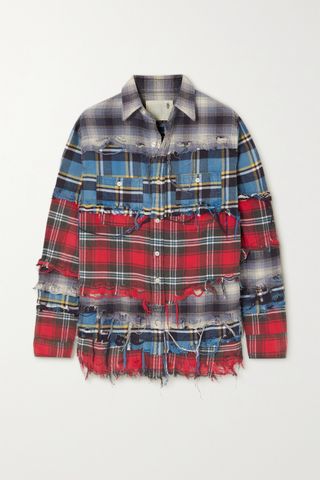 R13 + Pieced Distressed Checked Cotton-Flannel Shirt