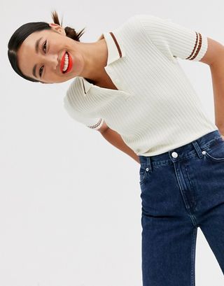 Monki + Short Sleeve Knitted Polo Top