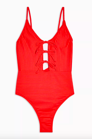 Topshop + Red Seersucker Tie Front Swimsuit
