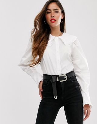 ASOS + Long Sleeve Shirt With Ruffle Collar