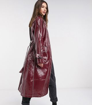 Asos Design + Tall Vinyl Trench Coat With Contrast Stitching in Oxblood