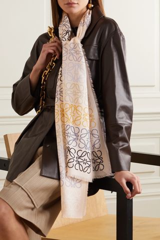 Loewe + Fringed Printed Wool, Silk and Cashmere-Blend Scarf