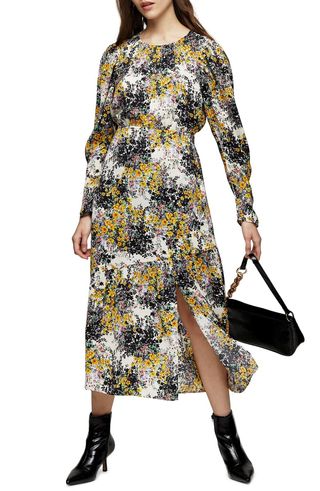 Topshop + Floral Long Sleeve Midi Dress