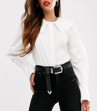 ASOS Design + Long Sleeve Shirt With Ruffle Collar in Cotton