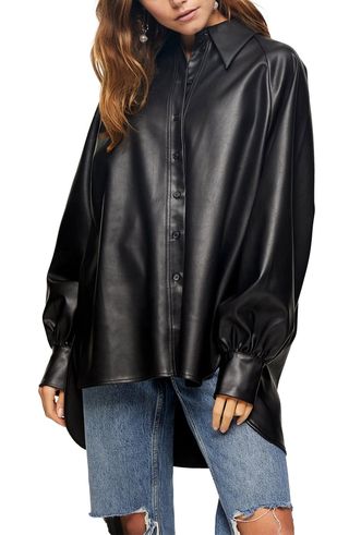 Topshop + Oversize Faux Leather Button-Up Shirt