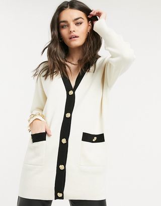 & Other Stories + Contrast Trim Longline Cardigan in White