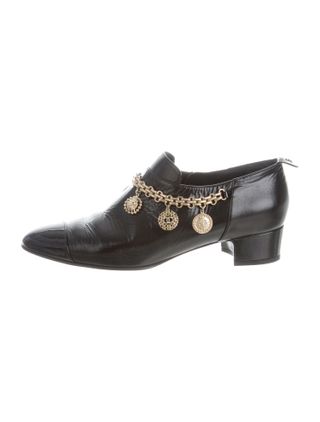 Chanel + Leather Cap-Toe Chain-Link Ankle Booties