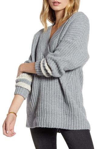 Treasure & Bond + Stripe Sleeve Oversize V-Neck Sweater