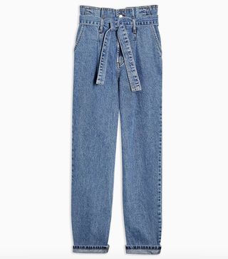 Topshop + Mid Blue Paperbag Mom Tapered Jeans