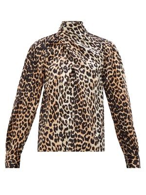 Ganni + Neck-Tie Leopard-Print Silk-Blend Blouse