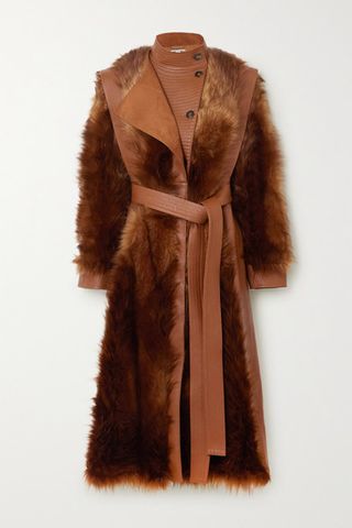 Stella McCartney + Belted Vegetarian Leather and Faux Fur Coat