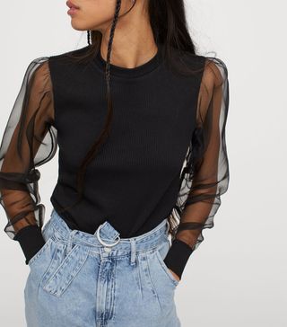 H&M + Puff-Sleeved Ribbed Top