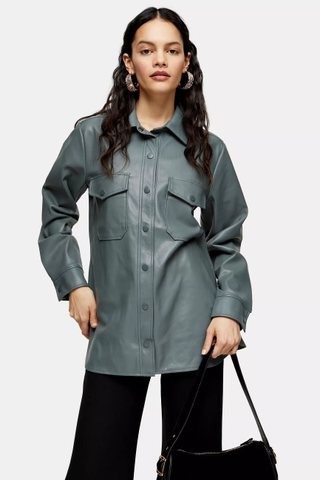 Topshop + Green Faux Leather Shirt