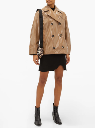 Ganni + Double-Breasted Patent Faux-Leather Jacket