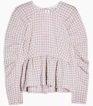 Topshop + Lilac Check Seersucker Gathered Sleeve Blouse