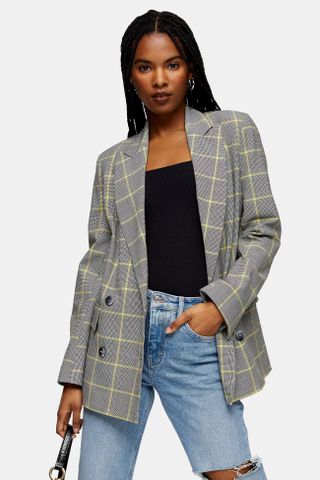 Topshop + Gray and Yellow Check Double Breasted Blazer