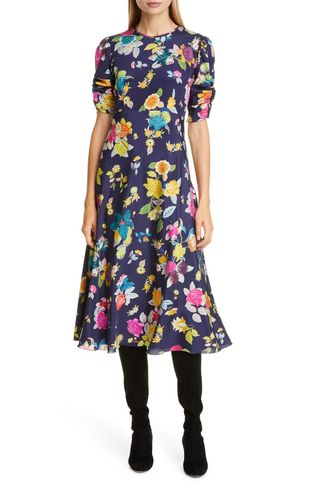 Etro + Floral Print Ruched Sleeve Midi Dress