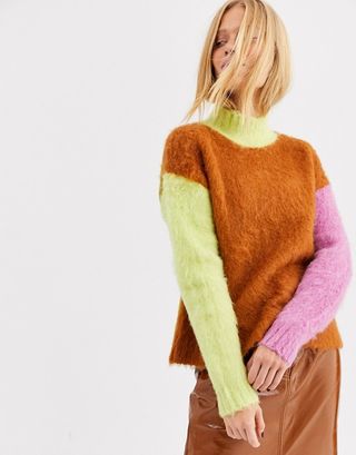 ASOS White + Contrast Color Block Wool Blend Sweater