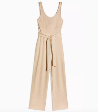 Topshop + Tan Ribbed Jumpsuit With Bust Seam