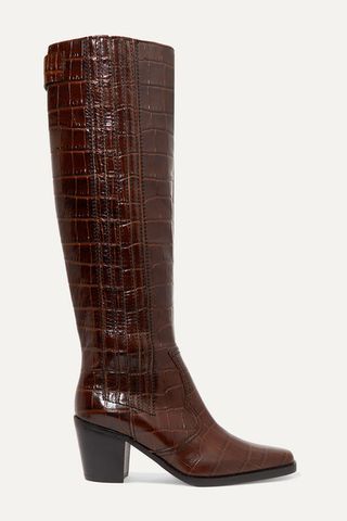 Ganni + Western Croc-Effect Leather Knee Boots
