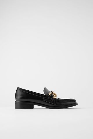 Zara + Square Toe Chain Trim Leather Loafers