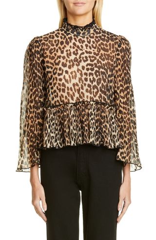 Ganni + Leopard Print Sheer Georgette Top