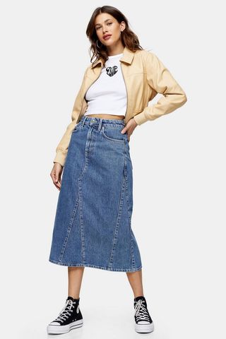 Topshop + Vintage Wash Denim A Line Midi Skirt