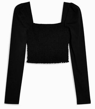Topshop + Black Shirred Long Sleeve Top