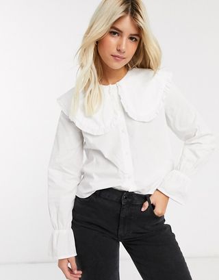 Pieces + Shirt With Oversized Collar and Frill Cuffs