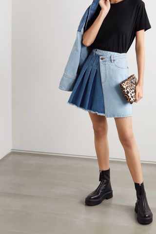 McQ Alexander McQueen + Maru Pleated Two-Tone Denim Wrap Mini Skirt