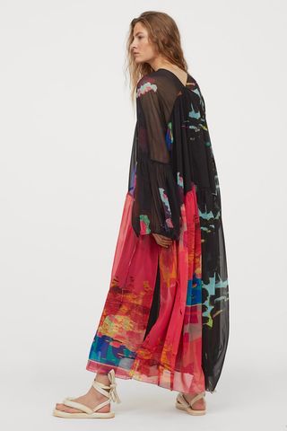 H&M + Studio Collection Voluminous Chiffon Dress in Black/Multicolored