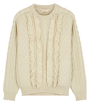 Tory Burch + Ivory Fringed Cable-Knit Wool Jumper