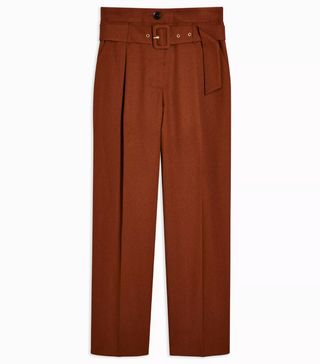 Topshop + Brown High Waist Belted Peg Trousers