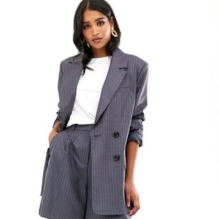 ASOS Design + Dad Suit Blazer in Purple Pinstripe