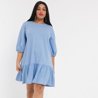 ASOS Design + Textured Smock Dress with Tiered Hem in Blue