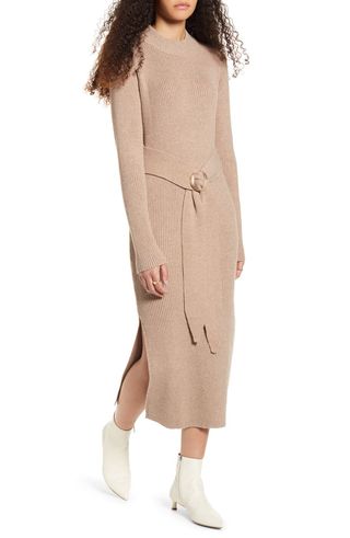 Moon River + Long Sleeve Belted Sweater Dress