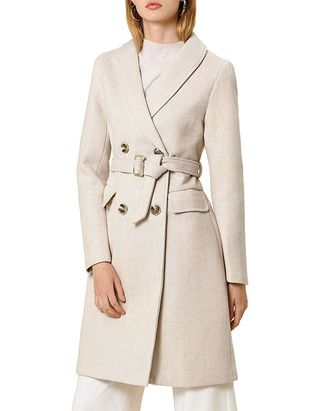 Allegra K + Double Breasted Shawl Collar Chevron Belted Coat