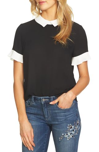 CeCe + Pleat Sleeve Collared Crepe Blouse