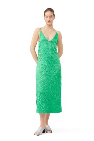 Ganni + Green Crinkled Satin Dress