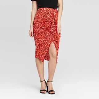 Who What Wear x Target + Floral Print Faux Tie Slip Midi Skirt