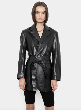 Frankie Shop + Black Leather Belted Blazer Jacket