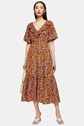 Topshop + Orange Floral Print V Neck Frill Midi Dress