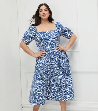 Eloquii Elements + Dot Print Fit and Flare Dress with Puff Sleeves
